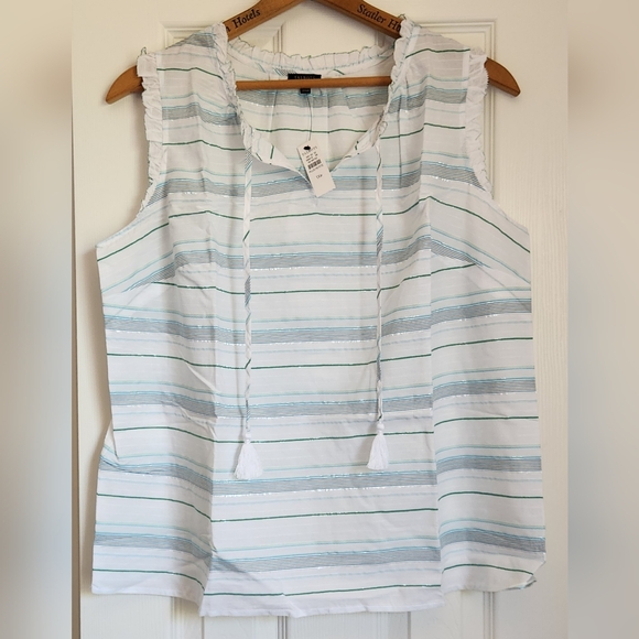 Ruffle Trim Shell - Beaumont Stripe Sleevless Blouse - Picture 1 of 12